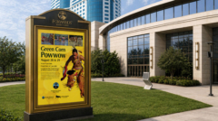 Large-scale Green Corn Powwow installation mockup at the Grand Terrace.