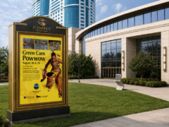 Large-scale Green Corn Powwow installation mockup at the Grand Terrace.